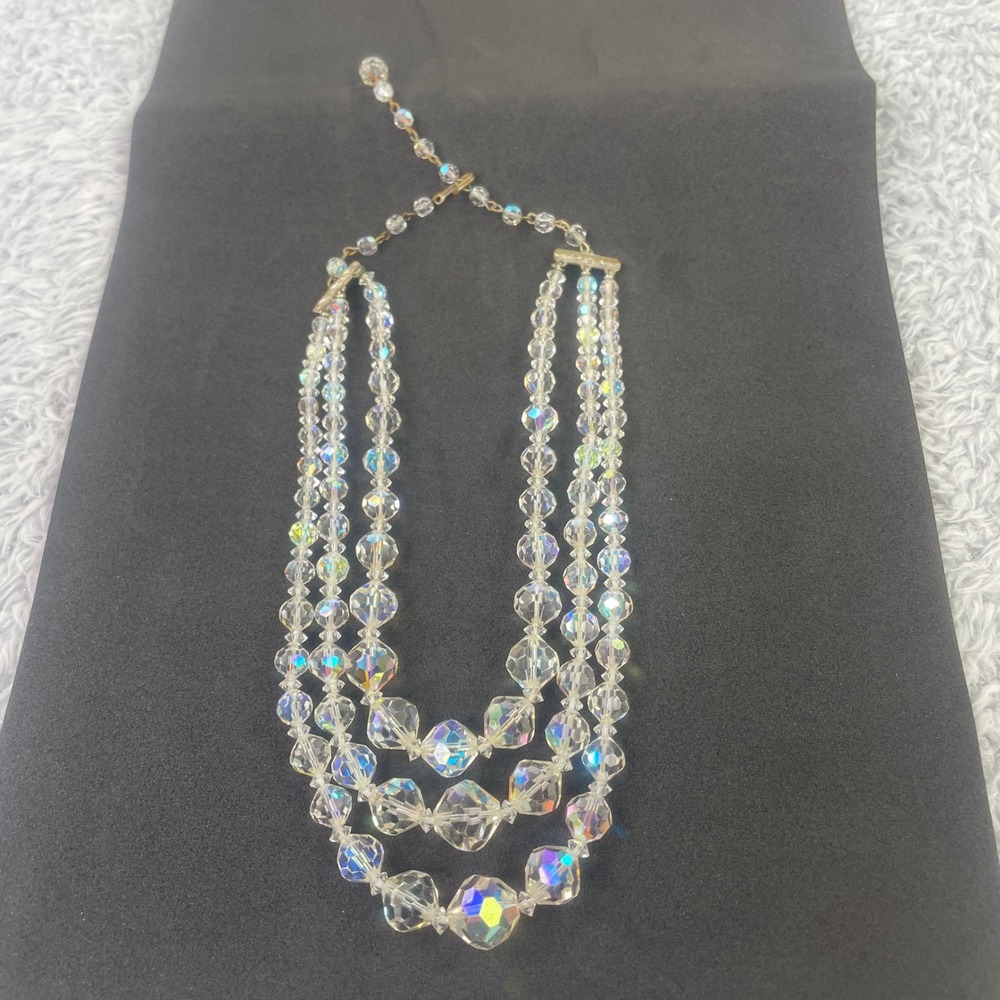 Vintage Necklace Women‎ Clear Aurora Borealis Crystal Triple Strand Mid Century